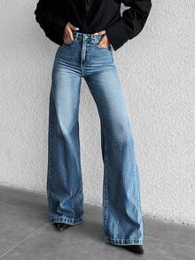 SHEIN Tall Jean en denim pour femme, coupe ample, avec poches et boutons, polyvalent, style Y2K vintage, décontracté et formel, business, country cowgirl, pour l'été, la rentrée, les vacances et les soirées - Bleu azur - Voir 7