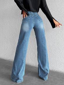 SHEIN Tall Jean en denim pour femme, coupe ample, avec poches et boutons, polyvalent, style Y2K vintage, décontracté et formel, business, country cowgirl, pour l'été, la rentrée, les vacances et les soirées - Bleu azur - Voir 3