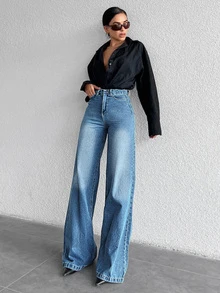 SHEIN Tall Jean en denim pour femme, coupe ample, avec poches et boutons, polyvalent, style Y2K vintage, décontracté et formel, business, country cowgirl, pour l'été, la rentrée, les vacances et les soirées - Bleu azur - Voir 6