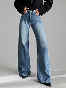 SHEIN Tall Jean en denim pour femme, coupe ample, avec poches et boutons, polyvalent, style Y2K vintage, décontracté et formel, business, country cowgirl, pour l'été, la rentrée, les vacances et les soirées - Bleu azur - Voir 2