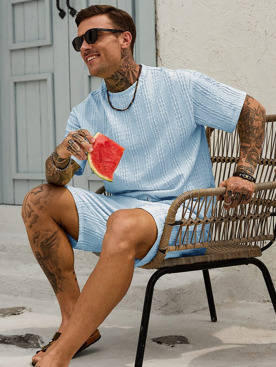 VENTUSAIL Men's Knitted Versatile Casual Fashion Crew Neck Short Sleeve T-Shirt And Shorts Set - Blue - View 1