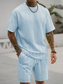 VENTUSAIL Men's Knitted Versatile Casual Fashion Crew Neck Short Sleeve T-Shirt And Shorts Set - Blue - View 5
