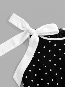 SHEIN 女童時尚優雅復古法式波點拼色收腰長洋裝，休閒優雅百搭日常款，適合儀式、派對及各種場合，舒適柔軟 - 黑與白 - 查看 3