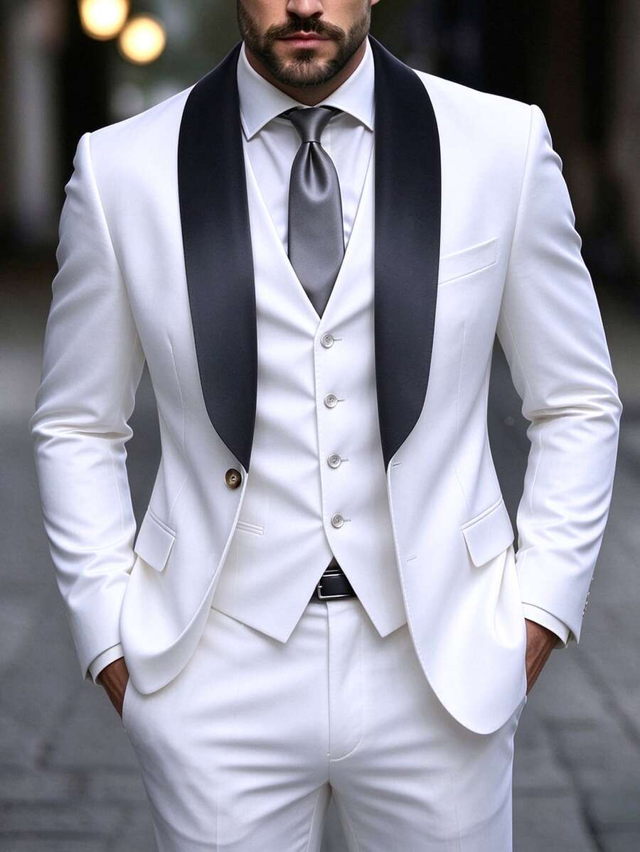 Manfinity Mode Men's Shawl Collar Solid Color Button Front Blazer And Pants Suit Set, Old Money Style, Formal, Ceremony - White - View 1