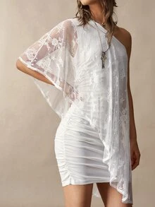 Bohemela Women's One-Shoulder Asymmetric Design Ruched Fitted Fashion Mini Dress - White - View 3