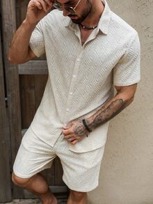 VENTUSAIL Men's Fashion Casual Textured Jacquard Short Sleeve Shirt And Shorts Set - Khaki - View 2