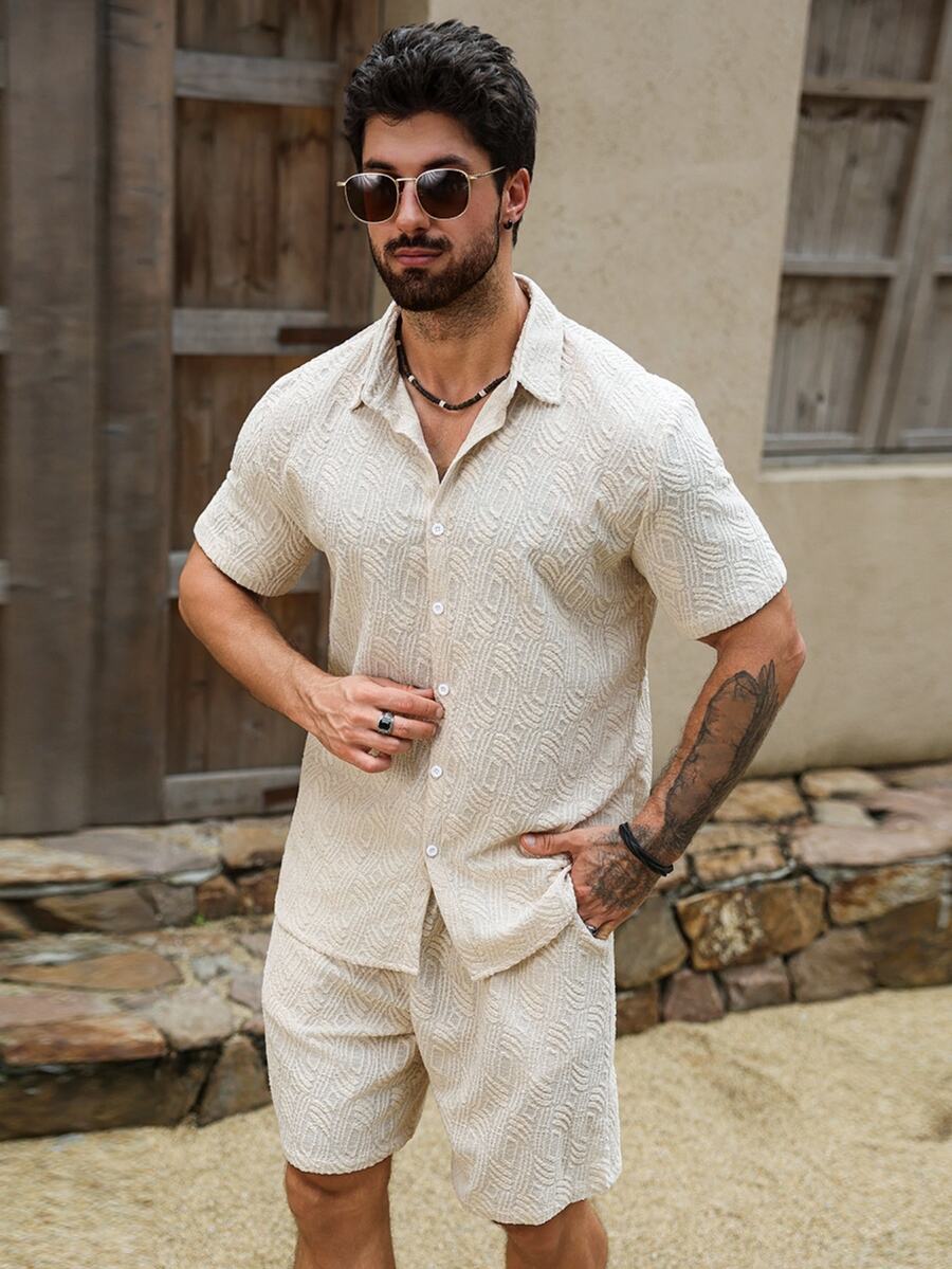 VENTUSAIL Men's Fashion Casual Textured Jacquard Short Sleeve Shirt And Shorts Set - Khaki - View 1