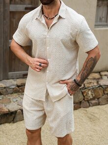 VENTUSAIL Men's Fashion Casual Textured Jacquard Short Sleeve Shirt And Shorts Set - Khaki - View 3