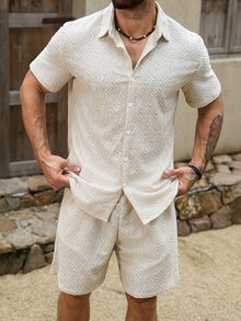 VENTUSAIL Men's Fashion Casual Textured Jacquard Short Sleeve Shirt And Shorts Set - Khaki - View 6
