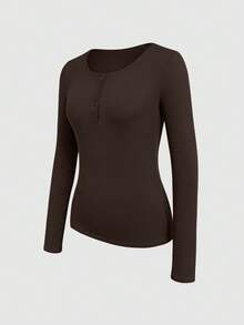 Bytebia Bytebia Women's Autumn Casual Versatile Solid Color Long Sleeve T-Shirt - Brown - View 4