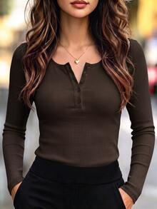Bytebia Bytebia Women's Autumn Casual Versatile Solid Color Long Sleeve T-Shirt - Brown - View 1