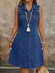 SHEIN Tall Women's Single-Breasted Casual Daily Summer Denim Dress - Dark Wash - View 6