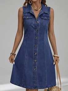 SHEIN Tall Women's Single-Breasted Casual Daily Summer Denim Dress - Dark Wash - View 2