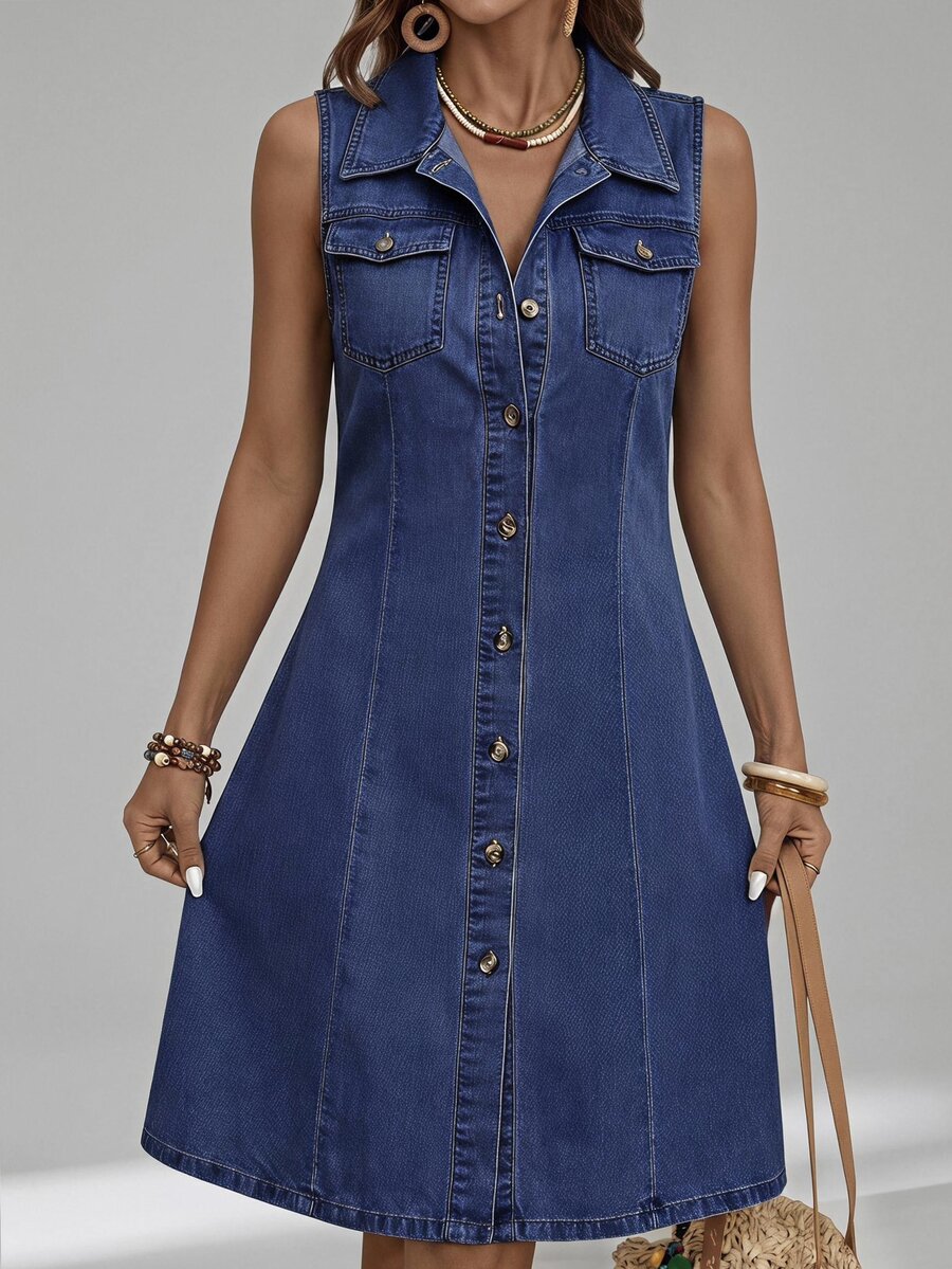 SHEIN Tall Women's Single-Breasted Casual Daily Summer Denim Dress