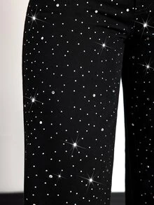 SHEIN Tall Winter Spring Women's Fashion Commuter Rhinestone Embellished Vacation Straight Leg Black Denim Jeans, Tall Women - Black - View 6