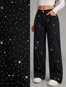 SHEIN Tall Winter Spring Women's Fashion Commuter Rhinestone Embellished Vacation Straight Leg Black Denim Jeans, Tall Women - Black - View 1