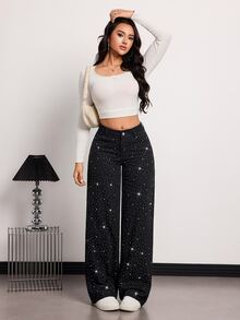 SHEIN Tall Winter Spring Women's Fashion Commuter Rhinestone Embellished Vacation Straight Leg Black Denim Jeans, Tall Women - Black - View 4