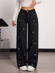 SHEIN Tall Winter Spring Women's Fashion Commuter Rhinestone Embellished Vacation Straight Leg Black Denim Jeans, Tall Women - Black - View 3