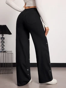 SHEIN Tall Winter Spring Women's Fashion Commuter Rhinestone Embellished Vacation Straight Leg Black Denim Jeans, Tall Women - Black - View 2