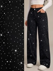 SHEIN Tall Winter Spring Women's Fashion Commuter Rhinestone Embellished Vacation Straight Leg Black Denim Jeans, Tall Women - Black - View 8