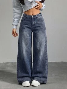 SHEIN Tall Women's Casual Washed Low-Waist Wide-Leg Jeans, Tall Women - Dark Wash - View 5