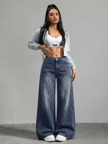 SHEIN Tall Women's Casual Washed Low-Waist Wide-Leg Jeans, Tall Women - Dark Wash - View 4
