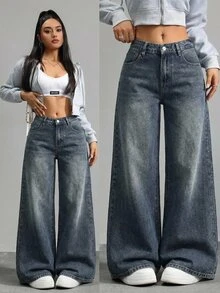 SHEIN Tall Women's Casual Washed Low-Waist Wide-Leg Jeans, Tall Women - Dark Wash - View 7