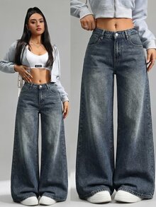 SHEIN Tall Women's Casual Washed Low-Waist Wide-Leg Jeans, Tall Women - Dark Wash - View 2