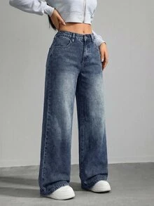 SHEIN Tall Women's Casual Washed Low-Waist Wide-Leg Jeans, Tall Women - Dark Wash - View 8