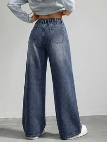 SHEIN Tall Women's Casual Washed Low-Waist Wide-Leg Jeans, Tall Women - Dark Wash - View 3