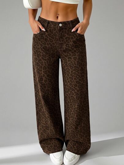 SHEIN Tall Tall Size Women's High Waisted Vintage Leopard Print Loose Wide Leg Jeans, Casual Summer Streetwear Pants Night Out Holiday Brown