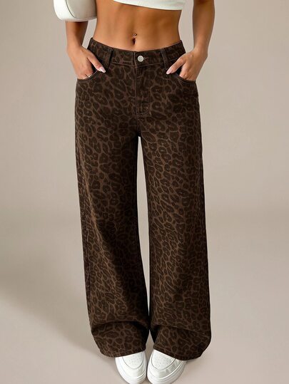 SHEIN Tall Pantalones vaqueros de pierna ancha con estampado de leopardo y cintura alta para mujeres altas, pantalones casuales de uso diario y de verano para mujeres