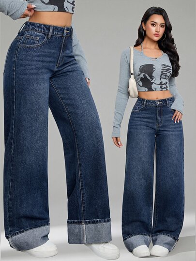SHEIN Tall Spring To Summer Women's Casual Commuter Style With Fold-Over Cuff Design For Everyday Office Wear Solid Color Casual Denim Jeans, Tall Women
