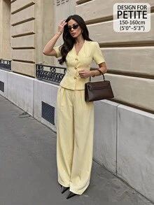 SHEIN PETITE Elegant Casual, Minimalist Pale Yellow Suit Set With A Belted Waist-Perfect For Petite Women's Workwear Business Office. Summer - Yellow - View 1
