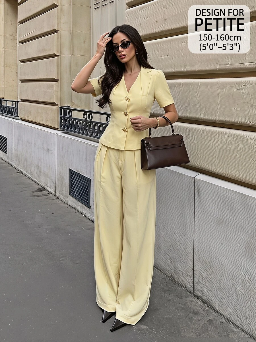 SHEIN PETITE Elegant Casual, Minimalist Pale Yellow Suit Set With A Belted Waist-Perfect For Petite Women's Workwear Business Office. Summer - Yellow - View 1