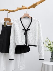 Firerie Kids Firerie Kids Tween Girls' Contrast Color Knit Cardigan Jacket, Comfortable Casual Daily Fashion Versatile Outerwear,In Fall/Winter - White - View 1
