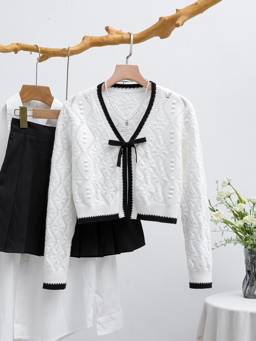 Firerie Kids Firerie Kids Tween Girls' Contrast Color Knit Cardigan Jacket, Comfortable Casual Daily Fashion Versatile Outerwear,In Fall/Winter - White - View 1