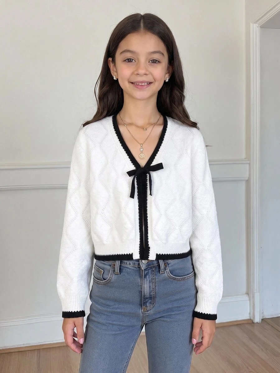 Firerie Kids Firerie Kids Tween Girls' Contrast Color Knit Cardigan Jacket, Comfortable Casual Daily Fashion Versatile Outerwear,In Fall/Winter - White - View 1
