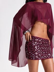 ROMWE Y2K Hot Girl Party Outfit Chiffon Cover-Up And Mini Sequin Skirt 2 Pieces Set - Burgundy - View 6