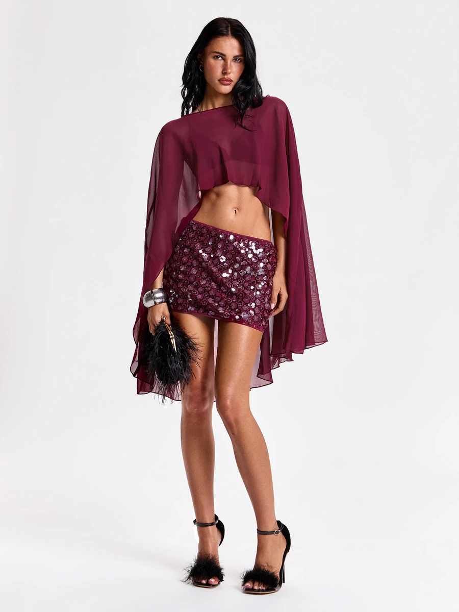 ROMWE Y2K Hot Girl Party Outfit Chiffon Cover-Up And Mini Sequin Skirt 2 Pieces Set - Burgundy - View 1