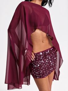 ROMWE Y2K Hot Girl Party Outfit Chiffon Cover-Up And Mini Sequin Skirt 2 Pieces Set - Burgundy - View 2