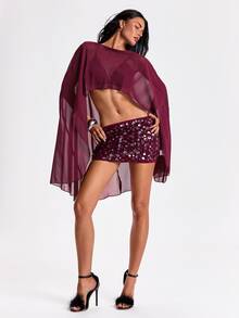 ROMWE Y2K Hot Girl Party Outfit Chiffon Cover-Up And Mini Sequin Skirt 2 Pieces Set - Burgundy - View 3