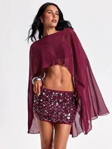 ROMWE Y2K Hot Girl Party Outfit Chiffon Cover-Up And Mini Sequin Skirt 2 Pieces Set - Burgundy - View 5
