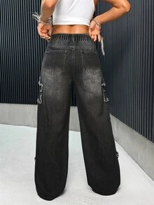 SHEIN PETITE 女款 Y2K 牛仔褲，休閒寬鬆寬腿牛仔褲，星星拼接設計，返校季、7月4日國慶日適用，寬鬆牛仔褲，適合嬌小女性 - 黑色 - 查看 2