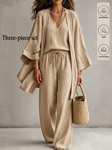 Linhara CURVE Plus Solid Open Front Coat & Tank Top & Wide Leg Pants Fall - Khaki - View 4