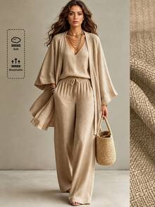 Linhara CURVE Plus Solid Open Front Coat & Tank Top & Wide Leg Pants Fall - Khaki - View 1