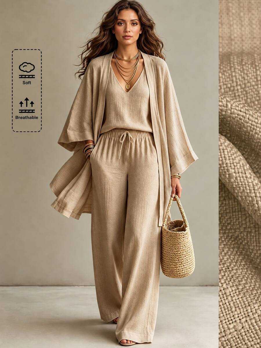 Linhara CURVE Plus Solid Open Front Coat & Tank Top & Wide Leg Pants Fall - Khaki - View 1