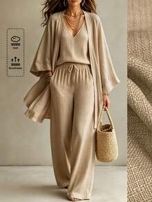 Linhara CURVE Plus Solid Open Front Coat & Tank Top & Wide Leg Pants Fall - Khaki - View 3