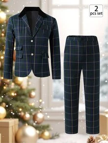 Teen Boy Plaid Button Long Sleeve Jacket And Pants Suit Set For Performance, Wedding, Graduation Ceremony - Dark Green - View 4