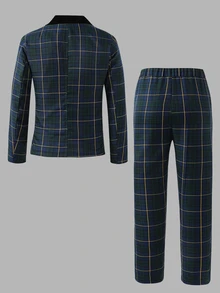 Teen Boy Plaid Button Long Sleeve Jacket And Pants Suit Set For Performance, Wedding, Graduation Ceremony - Dark Green - View 2